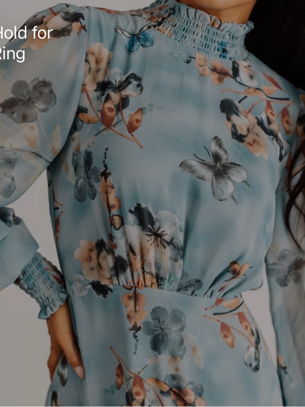Baltic Born Powder Blue Floral Smocked High-Neck Long Sleeve Dress